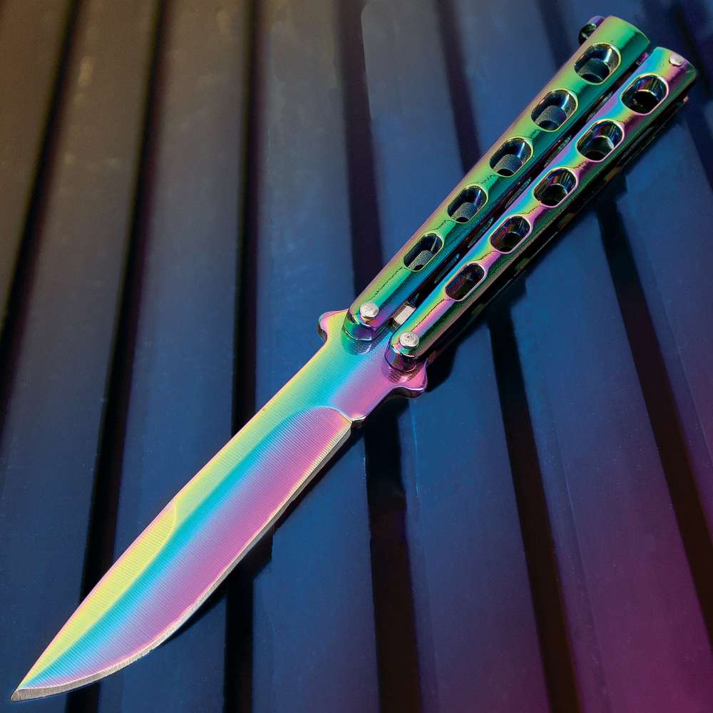 Rainbow Slotted Butterfly Knife - Stainless Steel Blade, Skeletonized Steel